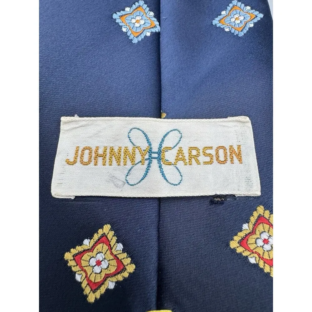 Vintage Johnny Carson Necktie Blue W/‎ Floral Geometric Designs 54” Total Length
